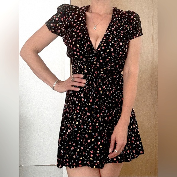 Reference Black and Pink Wrap Sundress with Flutter Sleeves: Eligible 3/$25 - Picture 1 of 12